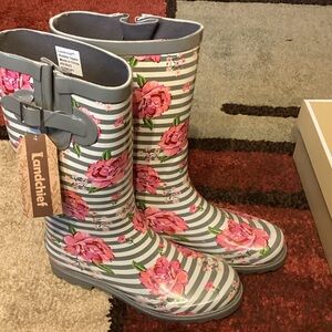 Women's Striped Floral Rain Boots - Gray and Pink